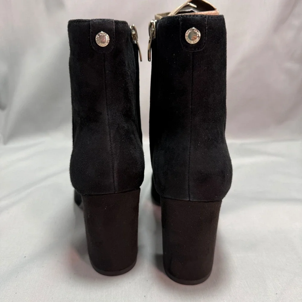 Nine West Dery Ankle Boots Black Suede Pointed Toe Block Heel Minimalist 8.5M